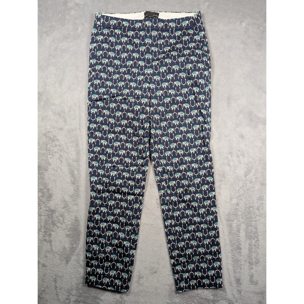 J Crew Martie Pants Women Size 0 Blue Elephant Print Slim Fit Ankle Crop Trouser